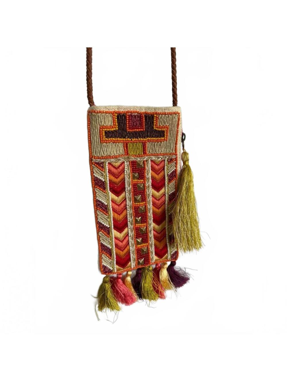 Boho Woven Tapestry Crossbody Bag with Tassel Trim